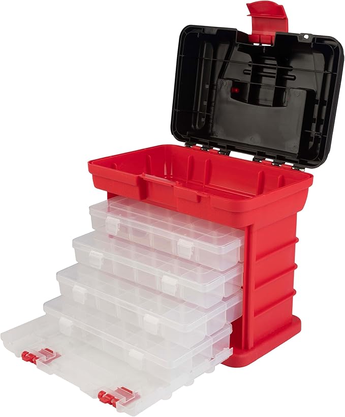 Portable Tool Box - Small Parts Organizer with Drawers and Customizable Compartments for Hardware, Fishing Tackle, Beads, or Crafts by Stalwart (Red)