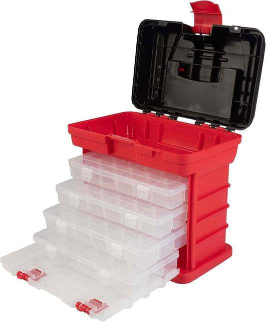 Portable Tool Box - Small Parts Organizer with Drawers and Customizable Compartments for Hardware, Fishing Tackle, Beads, or Crafts by Stalwart (Red)