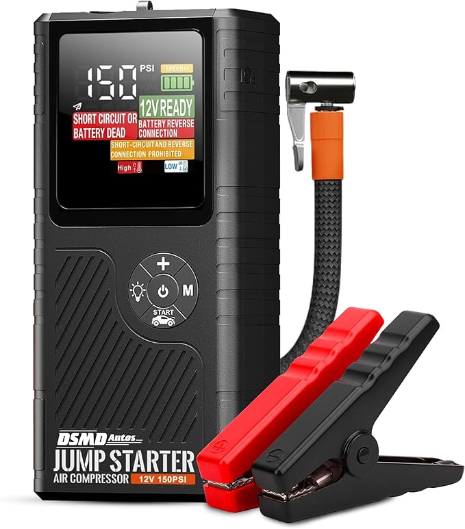 Jump Starter with Air Compressor, Portable Car Battery Booster for Dead Batteries, 150 PSI Tire Inflator – Starts Up to 6.5L Gas / 3.5L Diesel Engines, Power Bank, LED Display – DSMDAutos