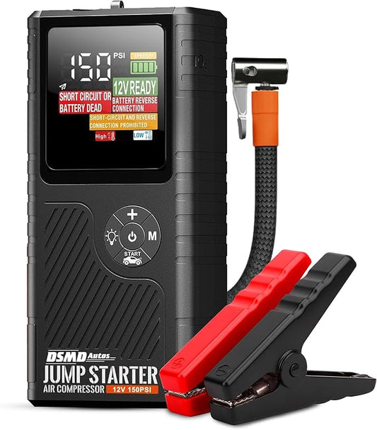 Jump Starter with Air Compressor, Portable Car Battery Booster for Dead Batteries, 150 PSI Tire Inflator – Starts Up to 6.5L Gas / 3.5L Diesel Engines, Power Bank, LED Display – DSMDAutos
