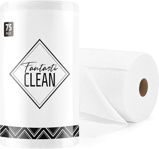 Fantasticlean Microfiber Cleaning Cloth Roll -75 Pack, Tear Away Microfiber Towels, 12" x 12", Reusable, Washable, Scratch Free, Ultra Absorbent Dishcloth for All-Around Cleaning Supplies (White)