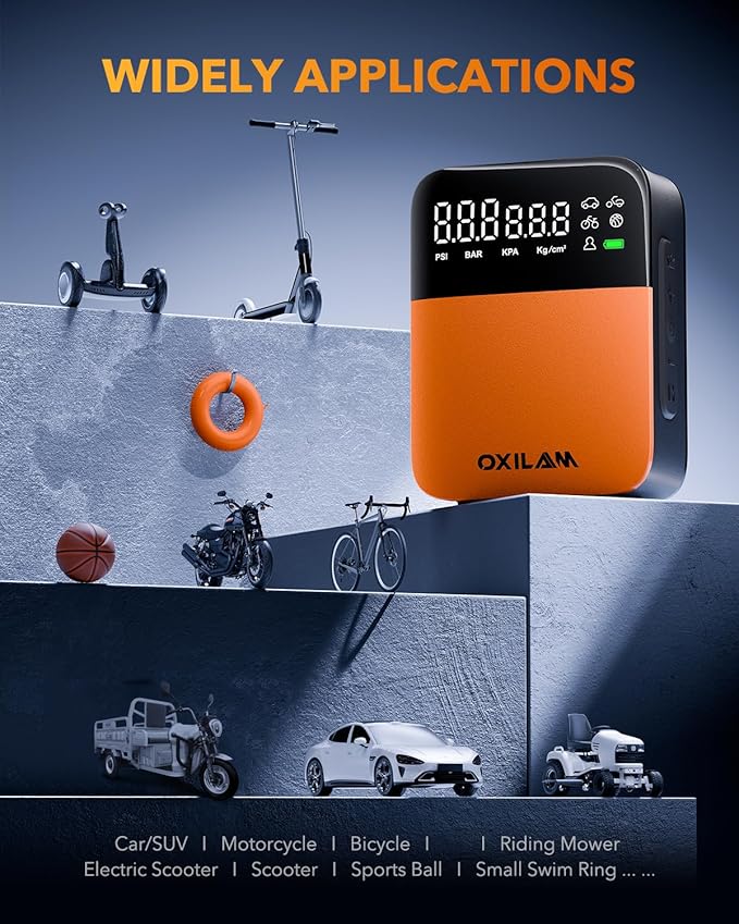 OXILAM C1 Tire Inflator Portable Air Compressor - Rechargeable 3x Faster Air Pump For Car Tires With Tire Pressure Gauge, 150psi Cordless Air Compressor For Car, Motorcycle, Bike, Ball And More
