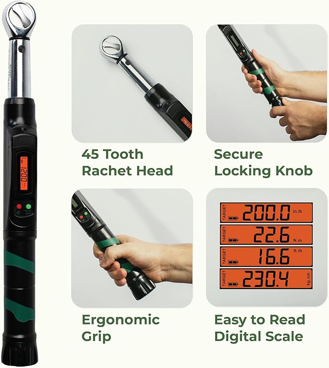 Digital Torque Wrench - 3/8" Drive (25-250 in-lb) Precision Torque Tool - Electronic Scale & Click-Style Design, Mechanic's Tool for Automotive, Motorcycle, & Bike Maintenance