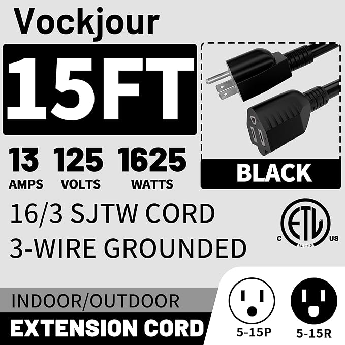 15 Ft 13A 1625W 16AWG Black Indoor Outdoor Extension Cord Waterproof, Extension Cord with 3 Prong Grounded Plug, Flexible Weatherproof Power Cable, SJTW
