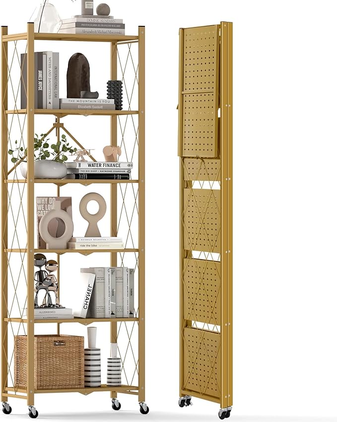 DEANIC 6-Shelf Folding Bookcase with Wheels, Heavy Duty Storage Shelves, Freestanding Metal Wire Shelving Unit for Living Room, Office, Kitchen, Basement, Pantry (Gold)