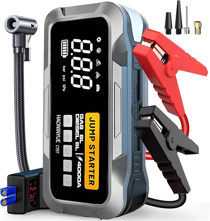 4000A Car Jump Starter with Air Compressor, Car Jumper 150PSI Portable Car Battery Jump Starter, 12V Jump Box Battery Pack (8L Gas 6L Diesel Engine) with Boost, LEDLight and Jumper Cables