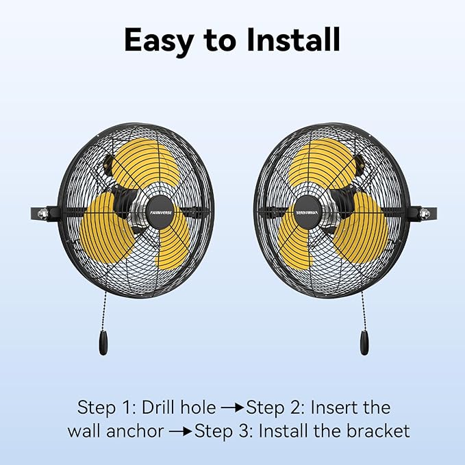 12 Inch High Velocity Wall Mount Fan, 2800 CFM Heavy Duty Metal Commercial Wall Fan, 360° Tilt & Pull Chain for Garage, Workshop, Gym & Covered Patio