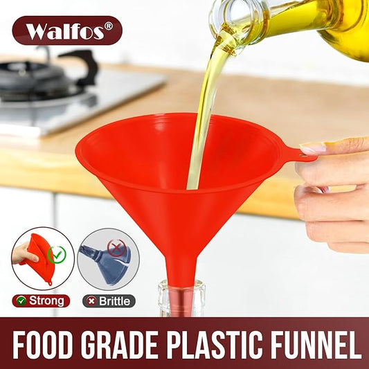 walfos 4pcs Kitchen Plastic Funnel (NO BPA),Automotive Funnel for Liquid Transfer,funnels for Filling Bottles, containers or Kitchen funnels for Laboratory use. red（4.7in&3.7in&2.7in&2in