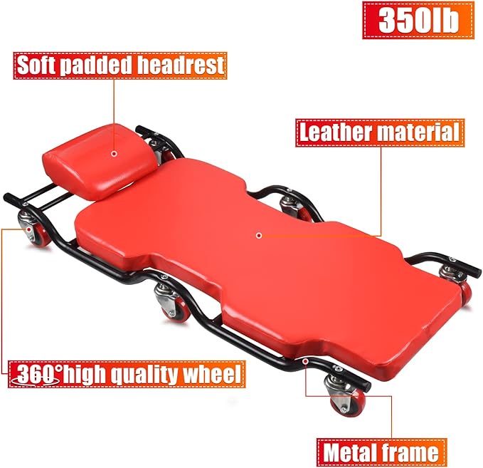 BESTOOL 44Inches Mechanic Creeper- Automotive Garage Creeper with 6 Sturdy Casters, Metal Frame Mechanic Creeper, Low Profile Design with Headrest, Red
