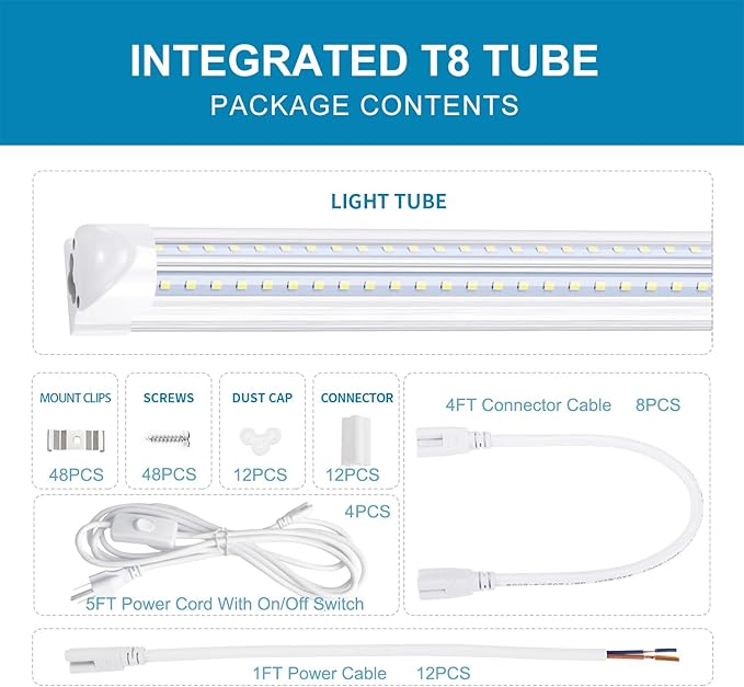 8FT LED Shop Light Fixture,Integrate T8 Linkable Shop Lights,Plug and Play,100W 6000K,Fluorescent Tube Lamp Replacements for Garage Warehouse,Factory, Workshop(12-Pack)
