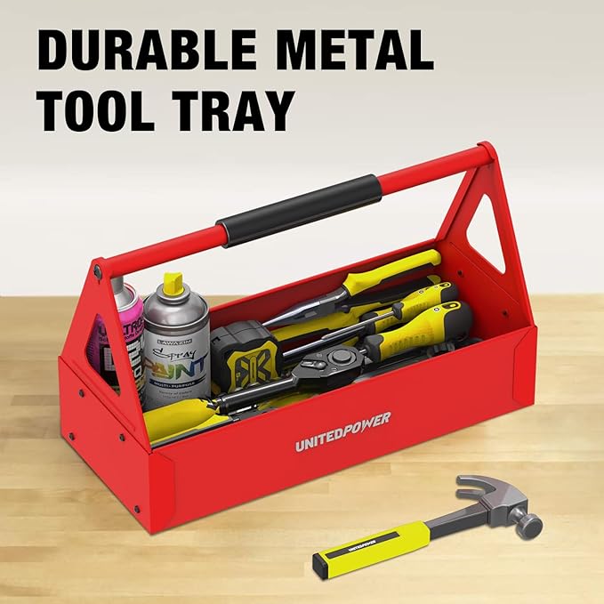 UNITEDPOWER Handy Tool Box, Portable Metal Tote Tray with comfortable grip handle, Tool Organization for Household, Warehouse, Repair Shop, Red