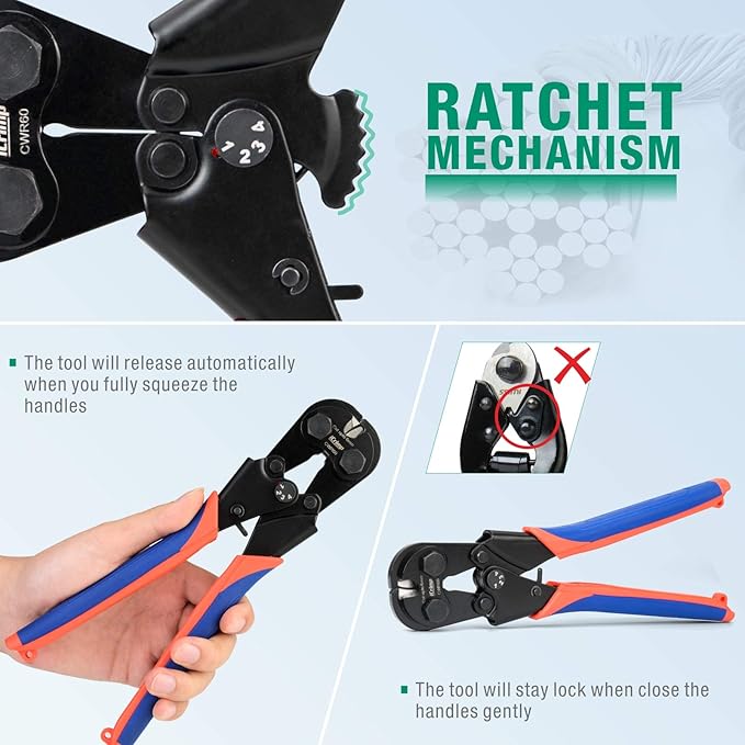 iCrimp 6mm Ratchet Wire Rope Cutter with 68 HRC Hardened Blade for Bicycle, Aircraft, Copper & Piano Cables, CWR60