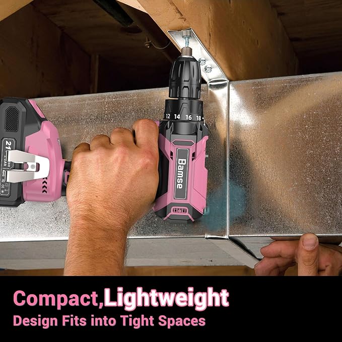 Pink Cordless Drill Set, 21V Electric Power Drill for Women with 2.0Ah Battery Charger, 3/8”Keyless Chuck, 2 Variable Speed, 18+1 Torque, 20pcs Driver Bits and Belt Hook for DIY Projects