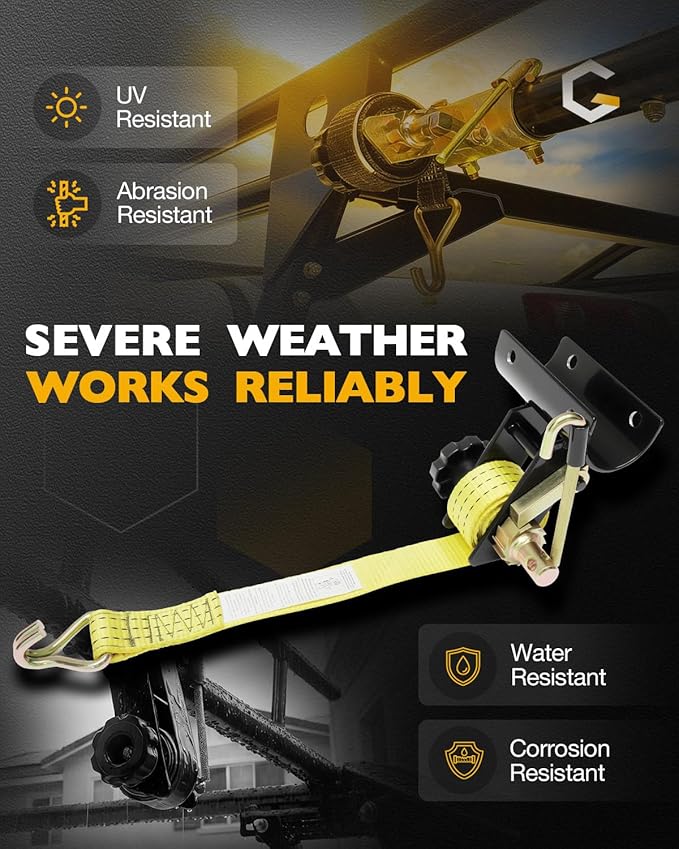 Ladder Rack Straps, W/J-Hook (2PCS), 2" Black Round Tube Mount, 1.5" Wide x 7.5' Long, Yellow Ladder Rack Ratchet Straps, 500 lbs Load Heavy Duty, Truck/Lumber Rack Strap, Pipe/Roof Rack Straps