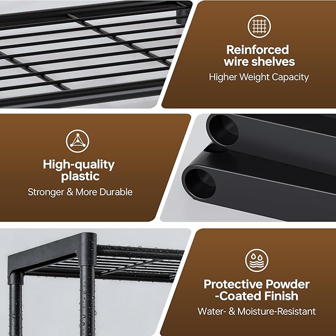 5-Tier Storage Shelves with Plastic Connectors – Metal Shelf Organizer for Pantry, Closet & Bathroom, Space-Saving Sturdy Shelving Unit Rack, Black, 17.3" x 12.8" x 56.7"