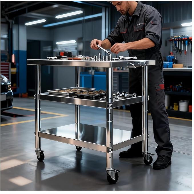 Stainless Steel Table with Wheels for Food Preparation and Work, Multi-Size Optional, Three-Layer Variable Two-Layer Metal Commercial Workbench Outdoor, Restaurant, Kitchen (51" Lx32 Wx34 H)