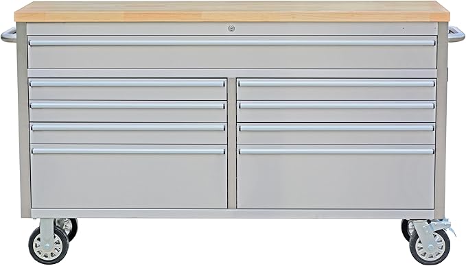 IDEALHOUSE 61 inch Rolling Tool Chest, Garage Workbench with 9 Drawers, Solid Rubber Wood Top & with Wheels Lock Key Locking, Mobile Workstation Tool Cabinet for Workshop Storage