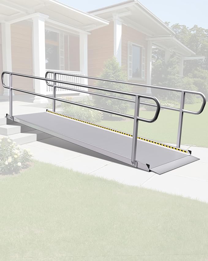 12FT Wheelchair Ramp with Handrails, 1300 lbs Capacity Heavy Duty Aluminum Ramps for Home Steps and Doorways, Fixed Threshold Solution for Wheelchairs Scooters Walkers, Easy Single-Person Use