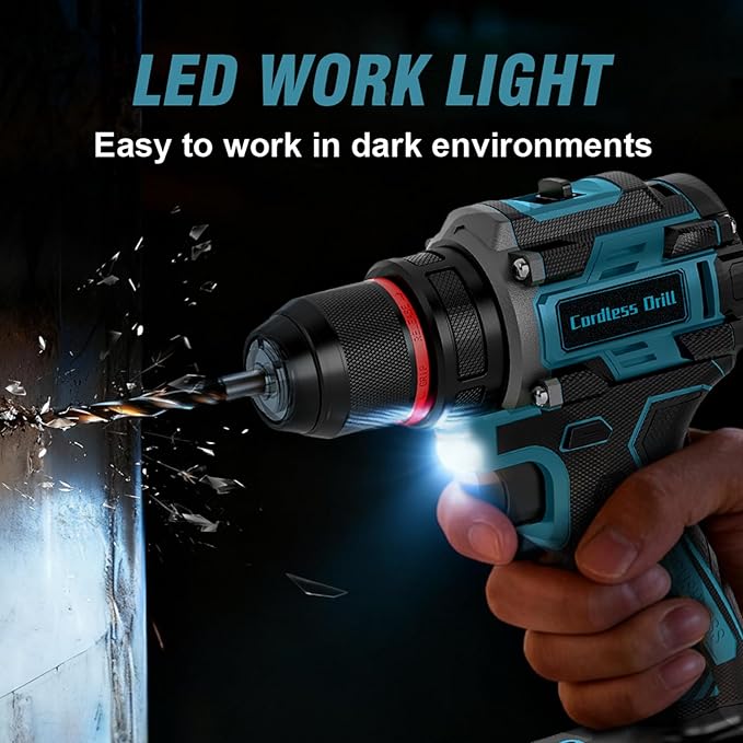 Cordless Drill, 21V Brushless Power Drill with Dual 2.0Ah Power Pack and Charger, Electric Drills Set, 3/8" Metal Chuck, 25+1 Torque, 2 Speed Compact Drills with 87PCS for DIY, Home Repair & Gift
