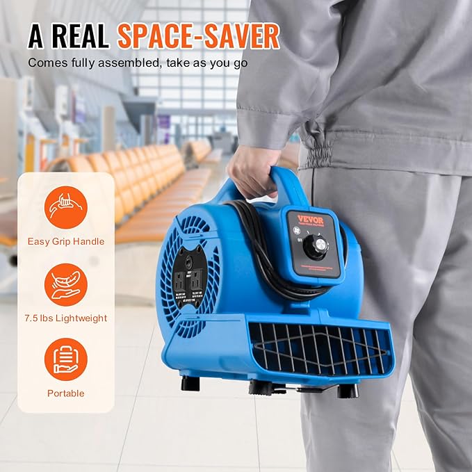 VEVOR Floor Blower, 1360 RPM 600 CFM, Air Mover for Drying and Cooling, Portable Carpet Dryer Fan with 4 Blowing Angles,3-Speeds Adjustment, for Janitorial, Home, Plumbing, Commercial Use