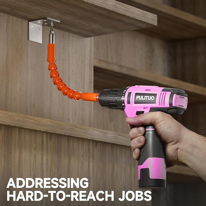 PULITUO 12V Pink Cordless Drill Set - Power Drill Kit with Battery and Charger, 3/8-Inch Keyless Chuck, Built-in LED, 21+1 Torque Setting