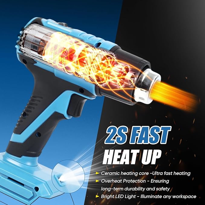 【380W・1022°F & 572°F】Cordless Heat Gun Compatible with Makita 18V Battery, Portable Hot Air Gun Fast Heating Dual Temp with LED Light 4 Nozzles for Shrink Tubing, Resin & Vinyl Wrap (No Battery)