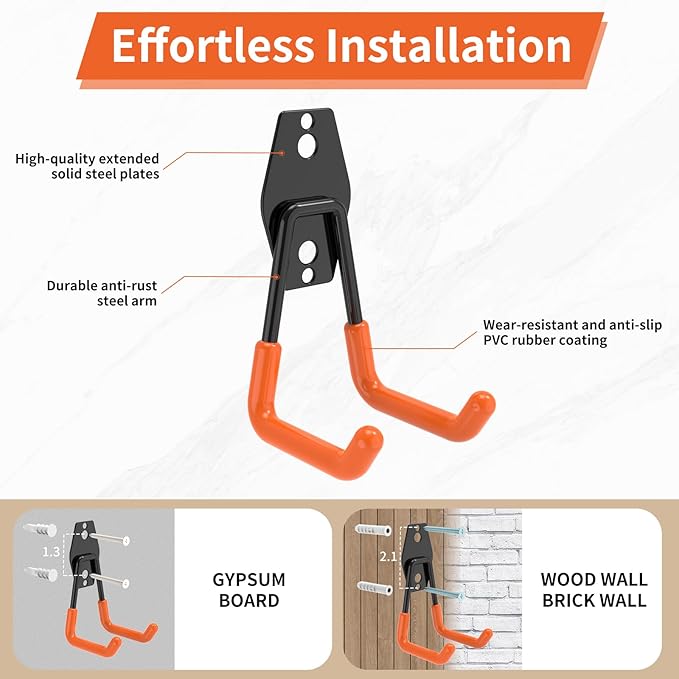 Steel Garage Storage Hooks - 16 Pack Anti-Slip Coating，Heavy Duty Steel Hooks for Hanging Power and Garden Tools，Ladders, Hose, Bikes, Ropes, Bulk Items, and More Hooks