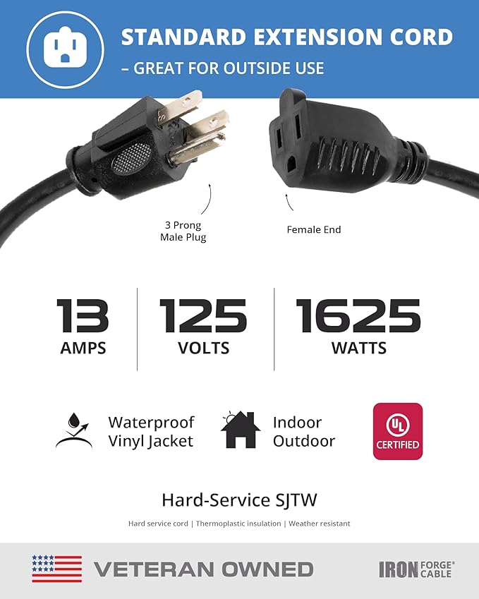 Iron Forge Cable 50 Ft Black Outdoor Extension Cord, 16/3, 50 Foot Outdoor Extension Cord, 3 Prong, Weatherproof - Great for Outside Use