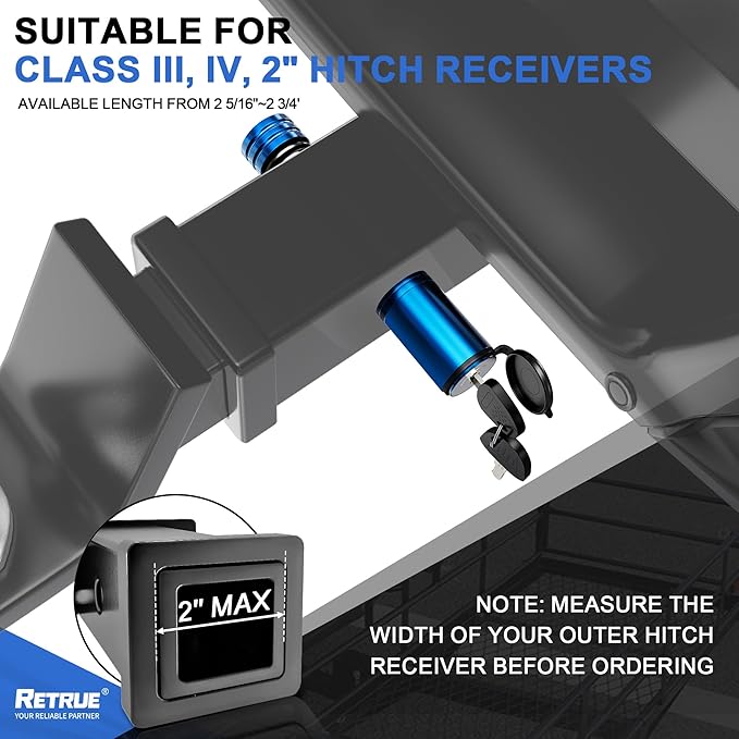 RETRUE Trailer Hitch Receiver Pin Lock - Black, 2 Inch Receiver, 5/8" Dia Hitch Lock for Securely Locking Trailer Hitch with Two Keys, Blue