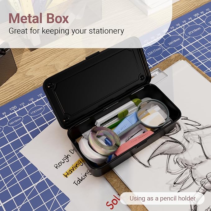 Small Metal Tool Box with Latch, Mini Steel Toolbox Storage Box, Portable Tin Box with Lid for Tools, Car, Workshop & Crafts 7.9" (Black)