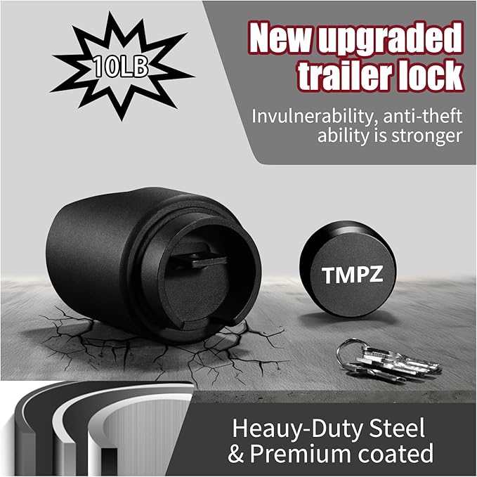 TMPZ Upgraded Heavy Duty Steel Trailer Hitch Lock for Most 2 Inch Couplers – Coupler Lock Secures Safety Chains, Anti-Theft Weatherproof Protection for RV, Pickup, Camper & Utility Trailers (Black)