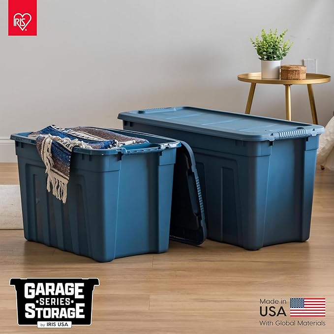 IRIS USA 31 Gallon Eco-Friendly Heavy Duty Storage Totes with Easy-Grip Handles, 8 Pack - Large Bins with Lids Garage Organizing Tubs, Durable Stackable Utility Containers, Made in USA - Navy