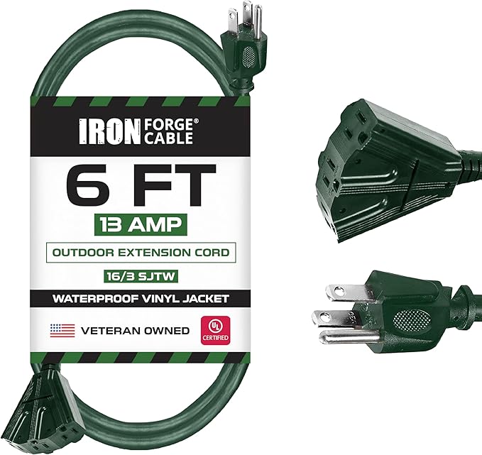 Iron Forge Cable 6ft Green Outdoor Extension Cord with 3 Outlets - 16/3 SJTW 6ft Extension Cord 3 Prong, 13 Amp All-Weather Heavy Duty Power Cable