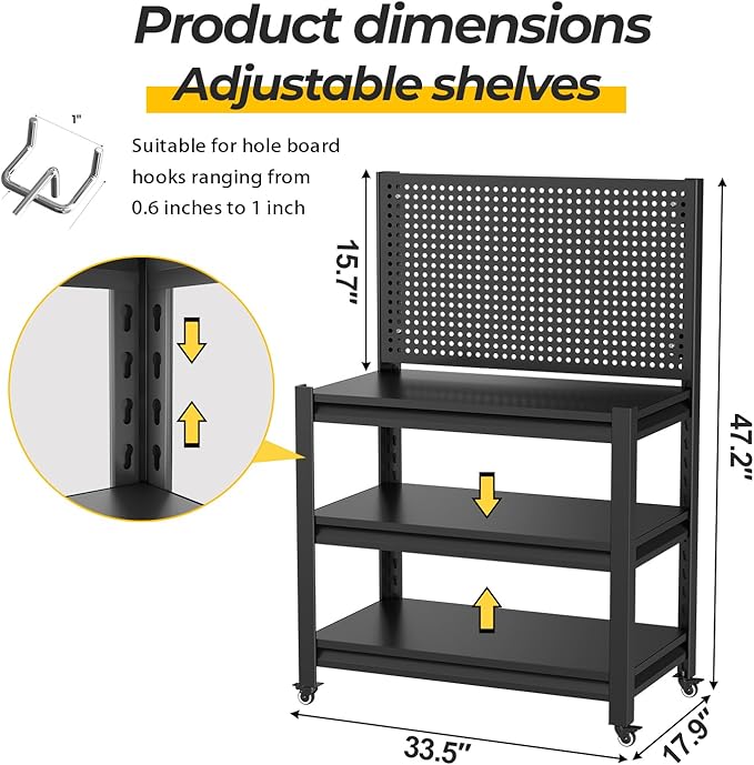 Work Bench with Pegboard,Heavy Duty Workbench with Wheels Adjustable Shelves,Tool Cart,Work Table for Garage Warehouse47.2 H*33.46" W*18" D