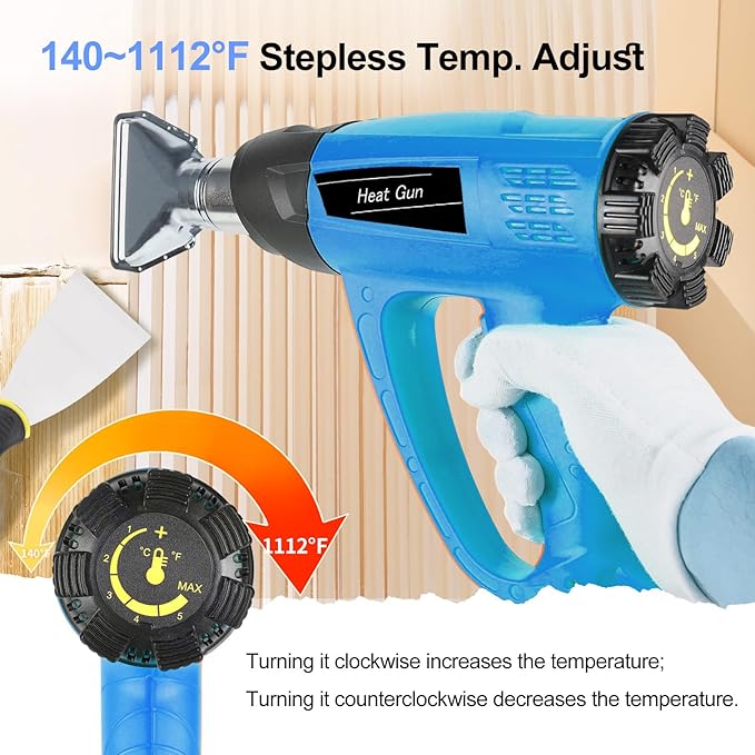 【1800W・140℉~1112℉】Heat Gun (60℃-600℃) Fast Heating Heavy Duty Hot Air Gun Kit Variable Temp Control Overheat Protection with 5 Nozzle for Crafts, Shrink Tubing, Stripping Paint, Resin, Soldering
