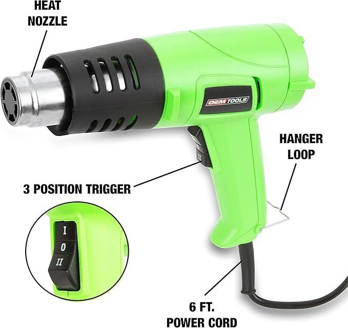 OEMTOOLS 24665 Dual Temperature Heat Gun, 1200W Corded Hot Air Blower, 120V Shop Heat Gun For Vinyl Wrap, Paint, Removing Adhesives, Nuts and Bolts, Crafting, 482F/842F Heating Tool