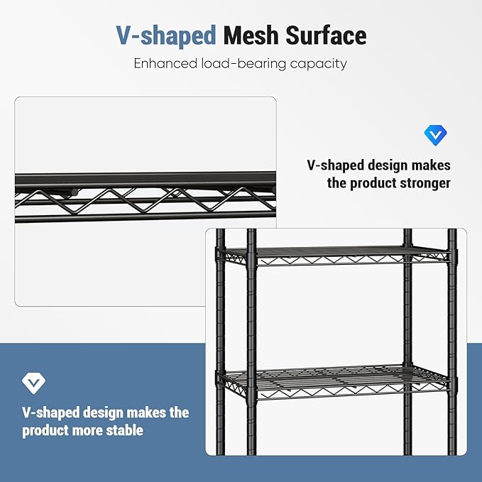 DUMOS Industrial 3 Level Grid Storage Rack ，Mobile Metallic Shelving System with Lockable Wheels， Multi-Purpose Cabinet for Workshop, Culinary Space, Storeroom, Washroom & Restroom Black