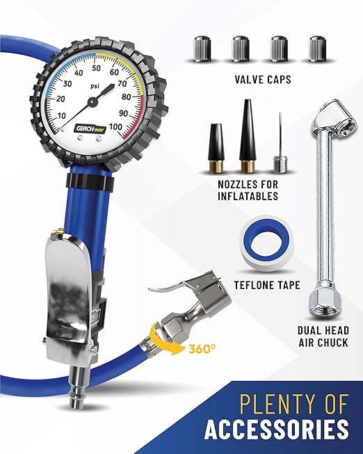 GERCHWAY Tire Inflator with Pressure Gauge and Longer Hose - Most Accurate, Heavy Duty Air Chuck with Gauge for Air Compressor Tire Inflator Attachment - 100PSI