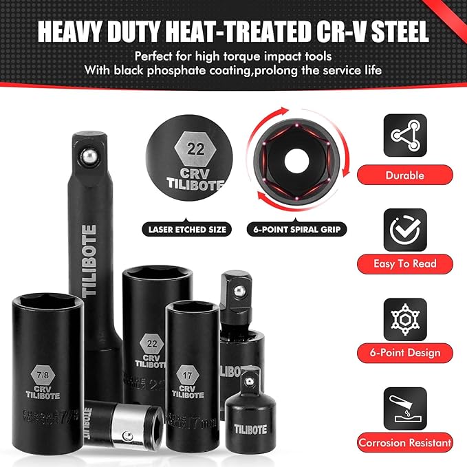 3/8“ Impact Socket Set, 74-Piece Drive 6-Point Deep Socket Wrench Set with 72-Tooth Ratchet, Standard SAE 5/16” - 7/8" & Metric 8mm - 22mm, Set for Home Use and Automotive Repair.