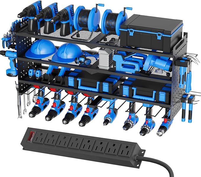Power Tool Organizer Wall Mount with Charging Station, Drill Holder, Heavy Duty Storage Utility Racks, Supports 600 lbs,Battery Shelf for Garage and Workbench (32 Inch 8 Drills Holder)