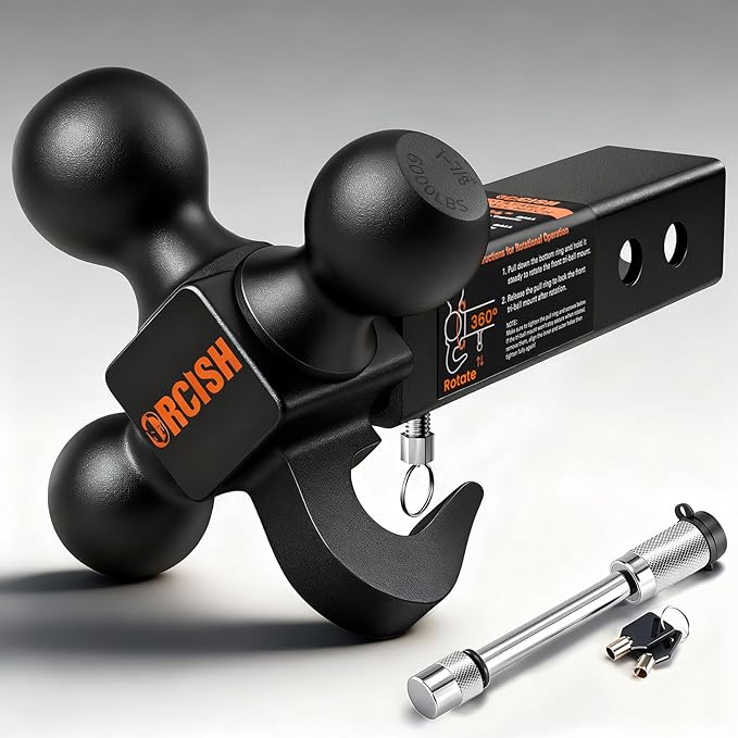 ORCISH 360° Swivel Trailer Hitch, Tri-Ball Mount with Heavy Duty Hook & Anti-Theft Lock, Matte Black Plated Trailer Ball Size 1-7/8", 2" and 2-5/16", Fit 2 Inch Hitch Receiver, Rotating Tow Hitch
