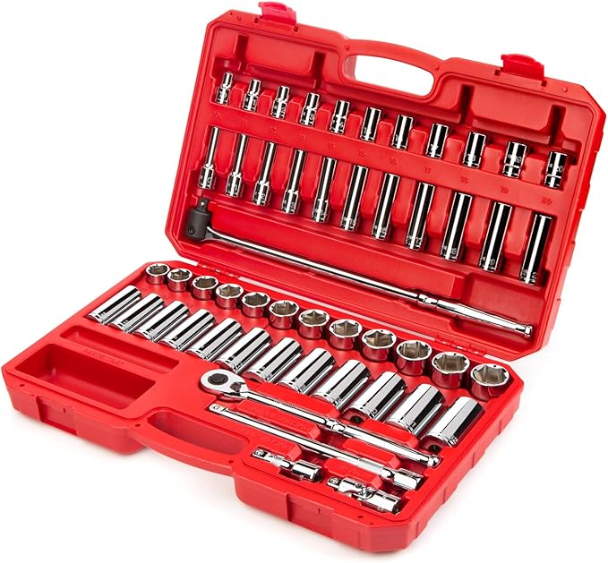TEKTON 1/2 Inch Drive Shallow and Deep 6-Point Socket and Ratchet Set with Case, 51-Piece (10 - 32 mm) | SKT25201
