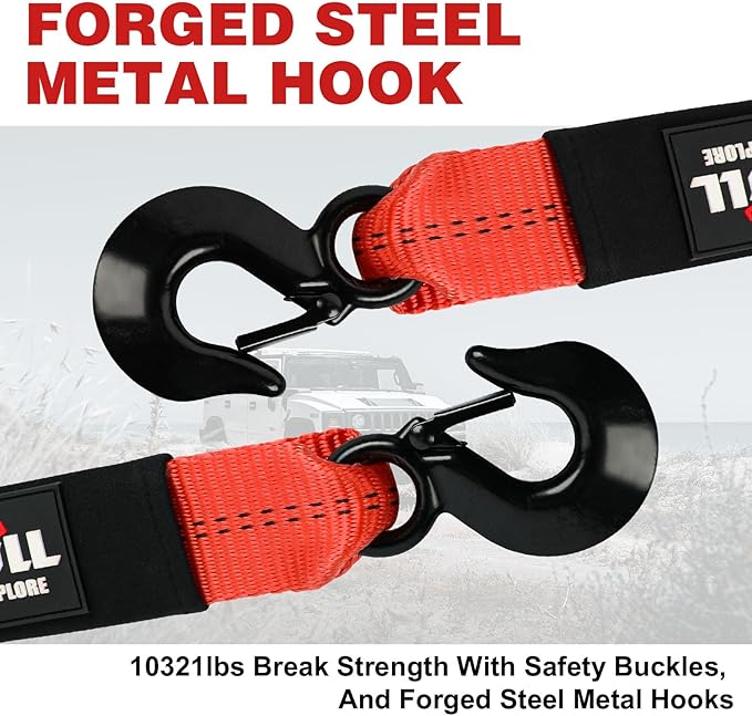 X-BULL Tow Strap (2 in x 20 Ft) with Forged Steel Hooks Lab Tested 10,321lbs Break Strength Emergency Heavy Duty Capacity Tow Strap for Car Truck Jeep SUV Not for Off-Road Recoveries（Red）