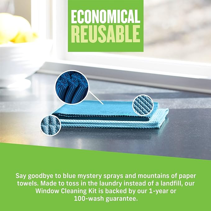 E-Cloth Window Cleaning Cloth - Eco Packaging - Glass Cleaning Cloth, Streak-Free Windows with Just Water, Microfiber Towel Kit for Windows, Car Windshield, Mirrors - Alaskan Blue