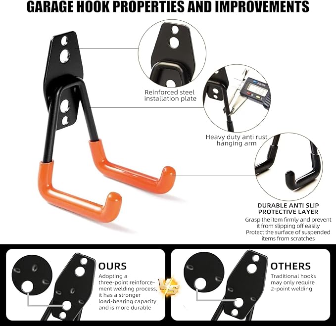 Garage Hooks, 6 Pack Medium Square Wall Hooks for Hanging Heavy Duty Ladders, Bikes, Tools Ideal for Garage, Garden, Basement Utility Room Storage (Black)