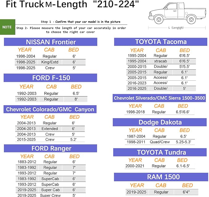 Truck Cover Waterproof All Weather, Full Outdoor Pickup Rain UV Protection and durable, Fit for Toyota Tacoma, Ford Ranger, Chevrolet Colorado, N-issan Frontier ect(Fit Truck M-Length 210 to 224 inch)