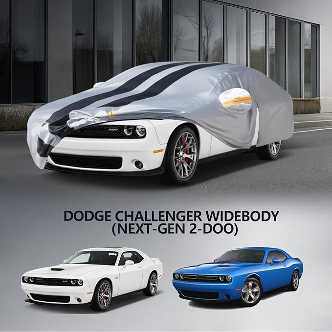 Multi-Layer Car Cover Custom Fit for Dodge Challenger Widebody, 100% Waterproof All Weather for Automobiles, Gift with Towel, Heavy Duty Car Covers for Rain Sun UV Protection with Door Zipper