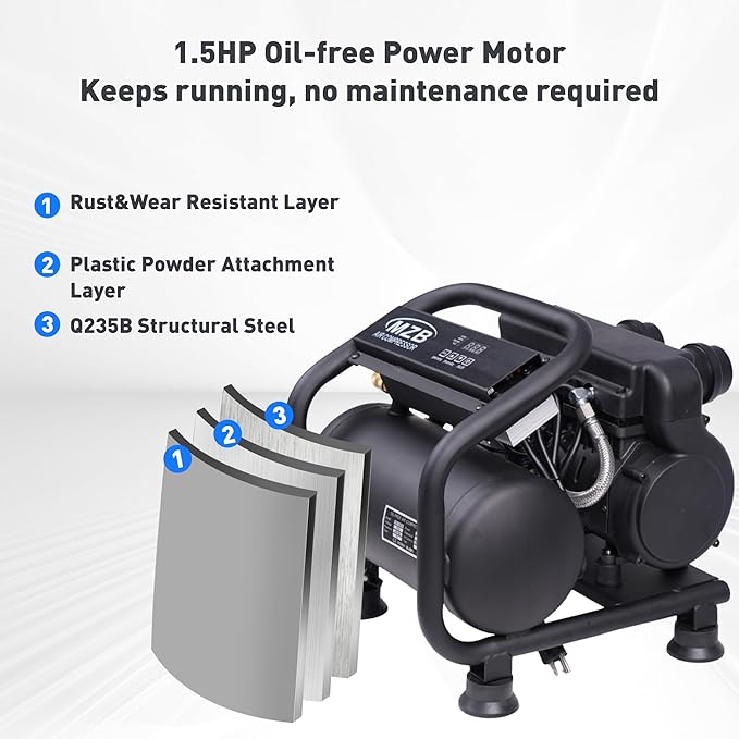 MZB 1.6 Gallon Ultra Quiet Air Compressor 110V/60Hz Steel Tanks Oil-Free 70dB Noise Level Air Compressor with Wheels for Spray Painting, Auto Repair, Carpentry Decoration
