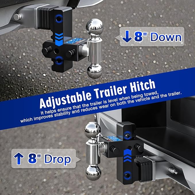 Adjustable Trailer Hitch Fits 2" Receiver - Heavy-Duty 12,500 lbs GTW Aluminum Tow Hitch with Dual Ball (2" & 2-5/16"), 8" Drop/Rise, 4 Silencer Pads & Anti-Theft Lock for Trucks and SUVs