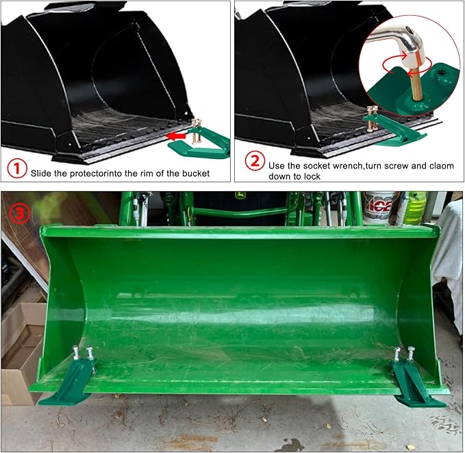 Tractor Bucket Protector, EBESTTECH 2 PCS Bucket Edge Anti-Skid Device Ski Edge Protector Double Hexagon Lock Nuts and Bolts,for Snow Leaves Removal Spreading Gravel,Green